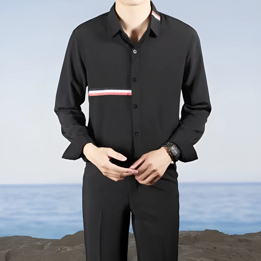Hong Kong style loose shirt cardigan in cotton blend fabric showing front and detail views