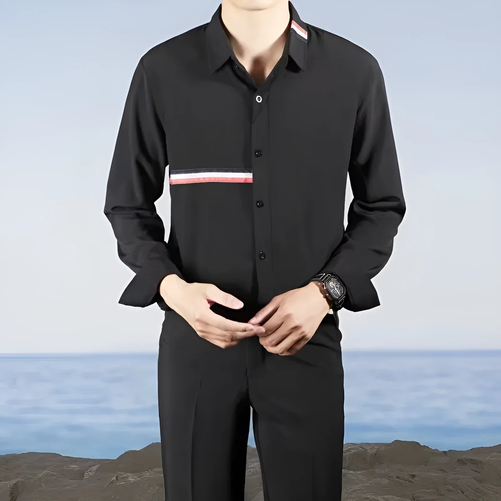 Hong Kong style loose shirt cardigan in cotton blend fabric showing front and detail views