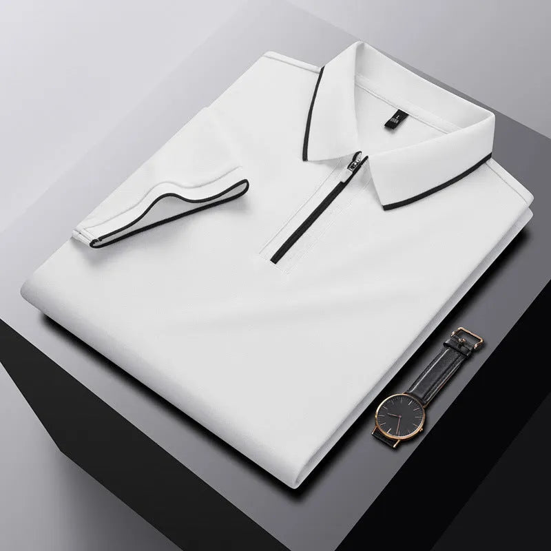 Men's solid colour polo shirt with a front zipper and short sleeves in beige apricot.
