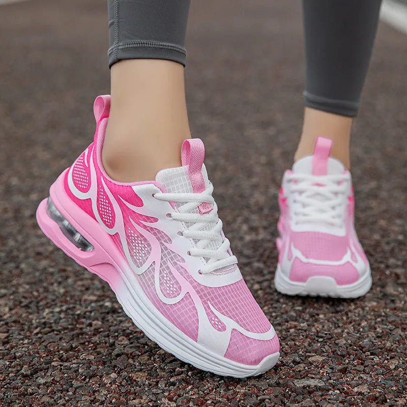 Women's casual sneaker in mesh fabric with PU sole, shown in Pink, Plum Red, and Moonlight colour options.