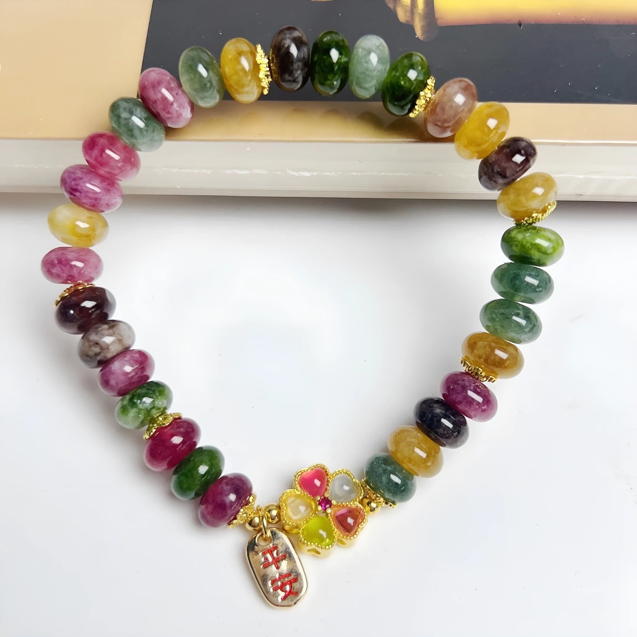 Colourful tourmaline abacus beads jade bracelet for women with artificial crystal beads and original design