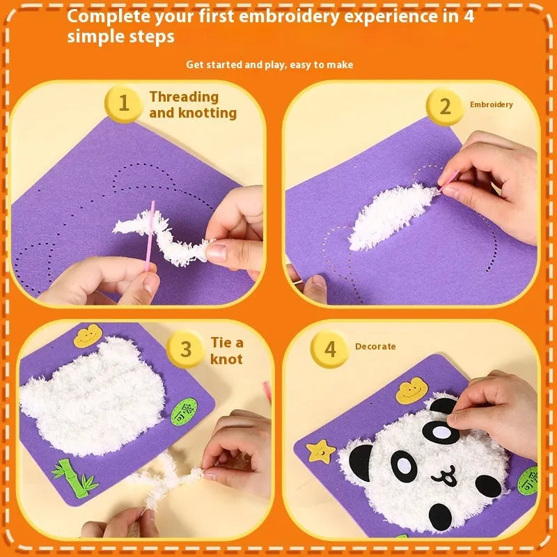 Children's cartoon animal wool embroidery painting kit with cloth canvas, 15cm size, featuring rabbit and bear designs for DIY play