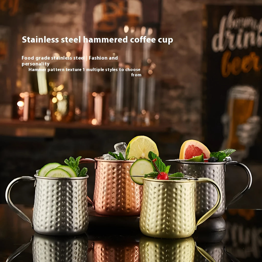 Stainless steel Moscow Mule cup with copper plating in hammered and plain styles, shown in gold and silver finishes.