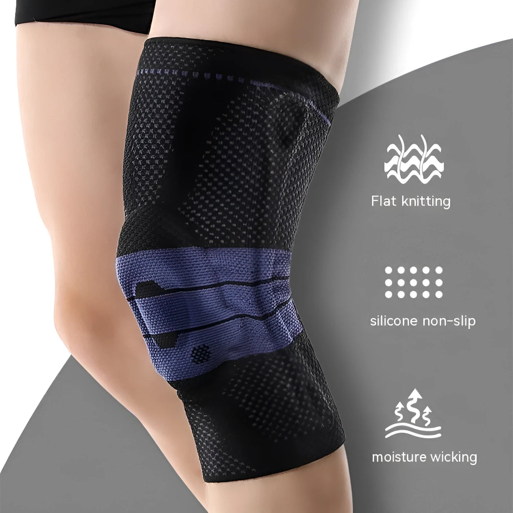 Adult sports kneecaps in black and blue colour, made from nylon and spandex material.
