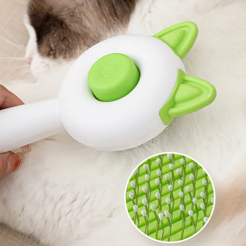 Self-cleaning cat grooming comb with stainless steel bristles in greenish white colour
