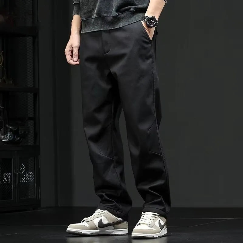 Men's casual straight cotton trousers in black and gray, loose fit, mid waist, available in sizes M to 3XL.