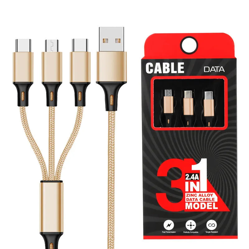 3-in-1 charging cable with TPE and nylon braid, 1.2 metre length, multiple colour options