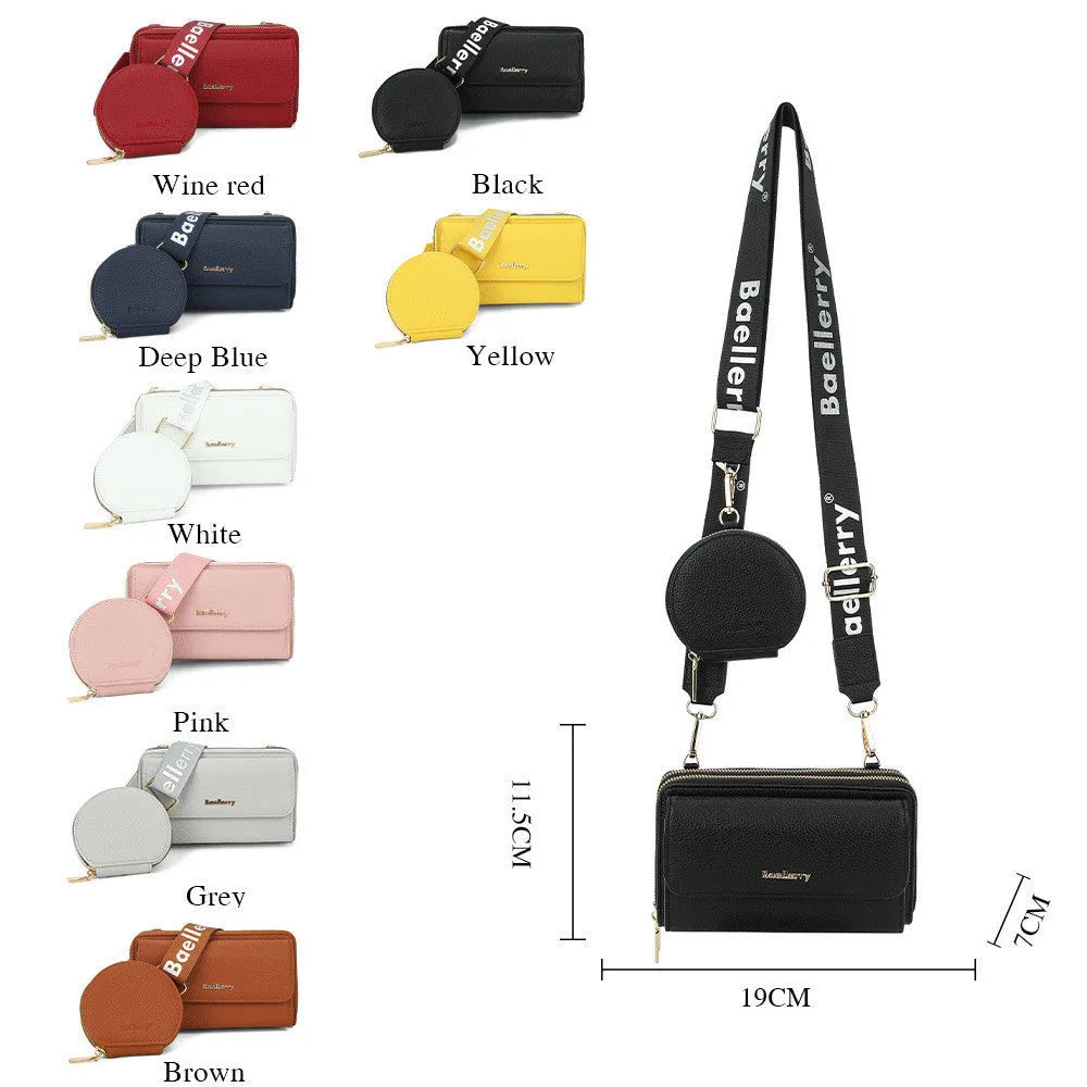 Two lychee-textured composite crossbody bags with letter print and small coin purse in pink and dark blue