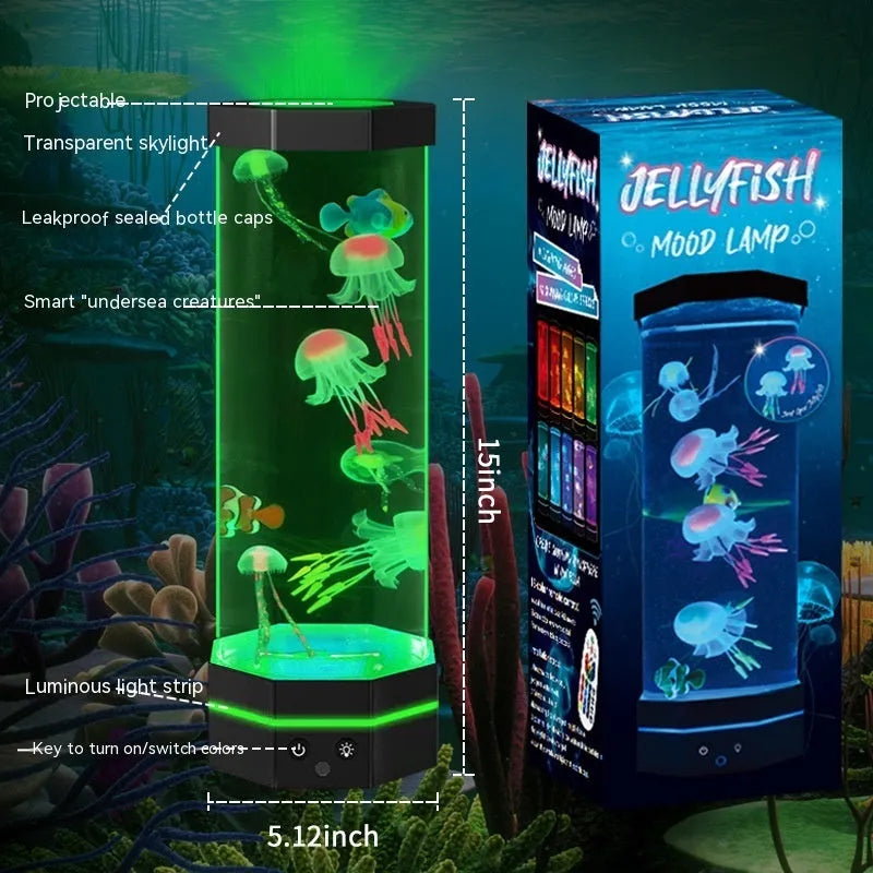 Jellyfish lava lamp 15 inch with 17 colour remote control and USB plug-in, shown in black or silver.