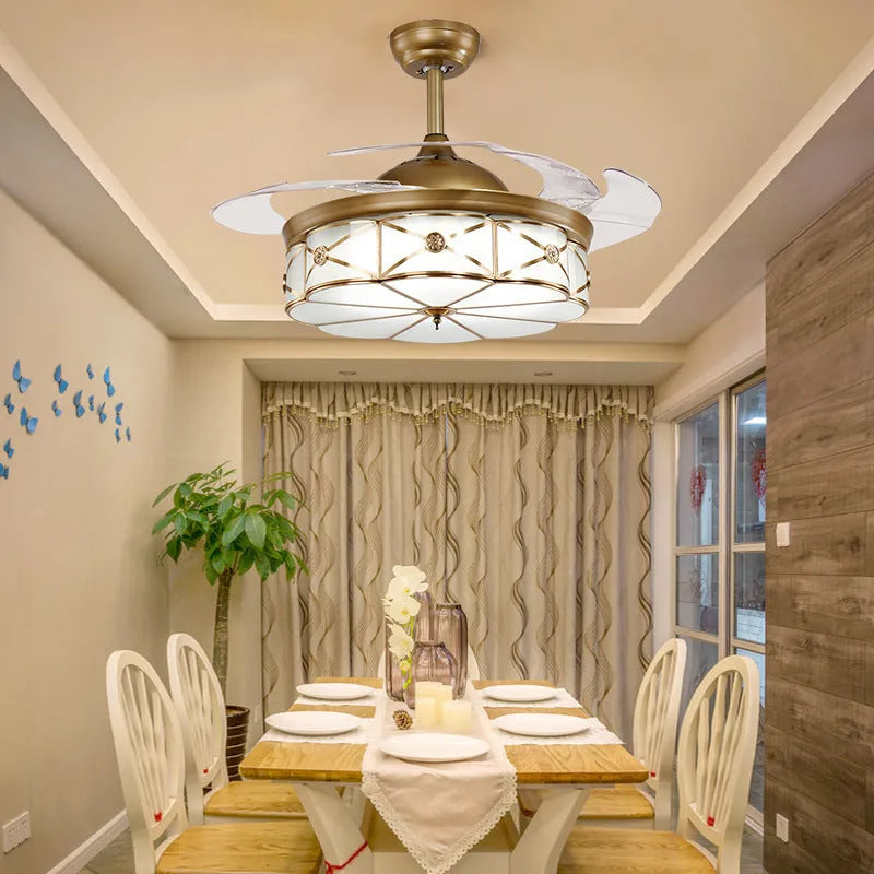 Golden 42-inch remote-controlled silent ceiling fan light with invisible blades and LED lighting
