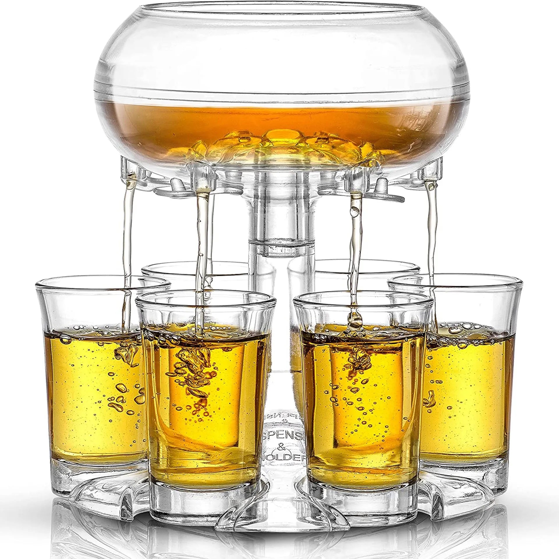 Transparent six-shot glass dispenser holder with goblet shape and six cups