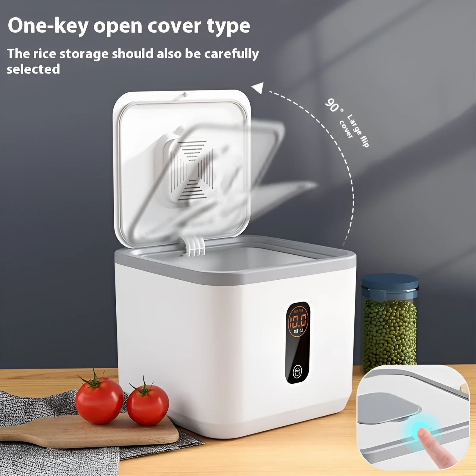 Grey plastic sealed rice storage jar with lid and measuring cup in 10kg, 20kg, or 30kg size.