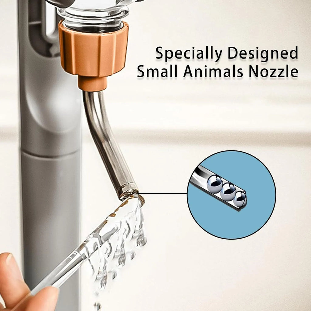Blue small animal water bottle with rotatable nozzle and stainless steel ball valve for cage mounting.