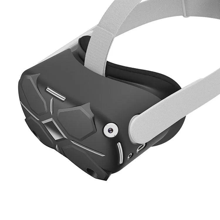 Black silicone VR headset accessories kit with glasses cover, eye mask, and controller grips.