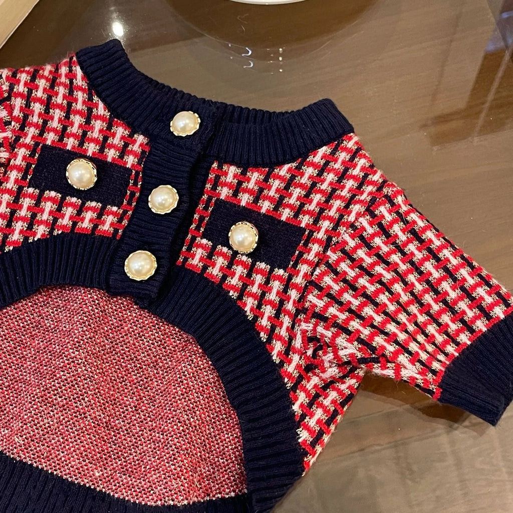 Red wool dog sweater with cute print for winter, available in sizes S to XXL
