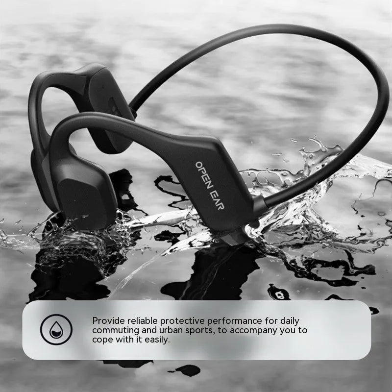 IPX5 waterproof bone conduction sports headset in Black, rear-mounted hanging-neck design