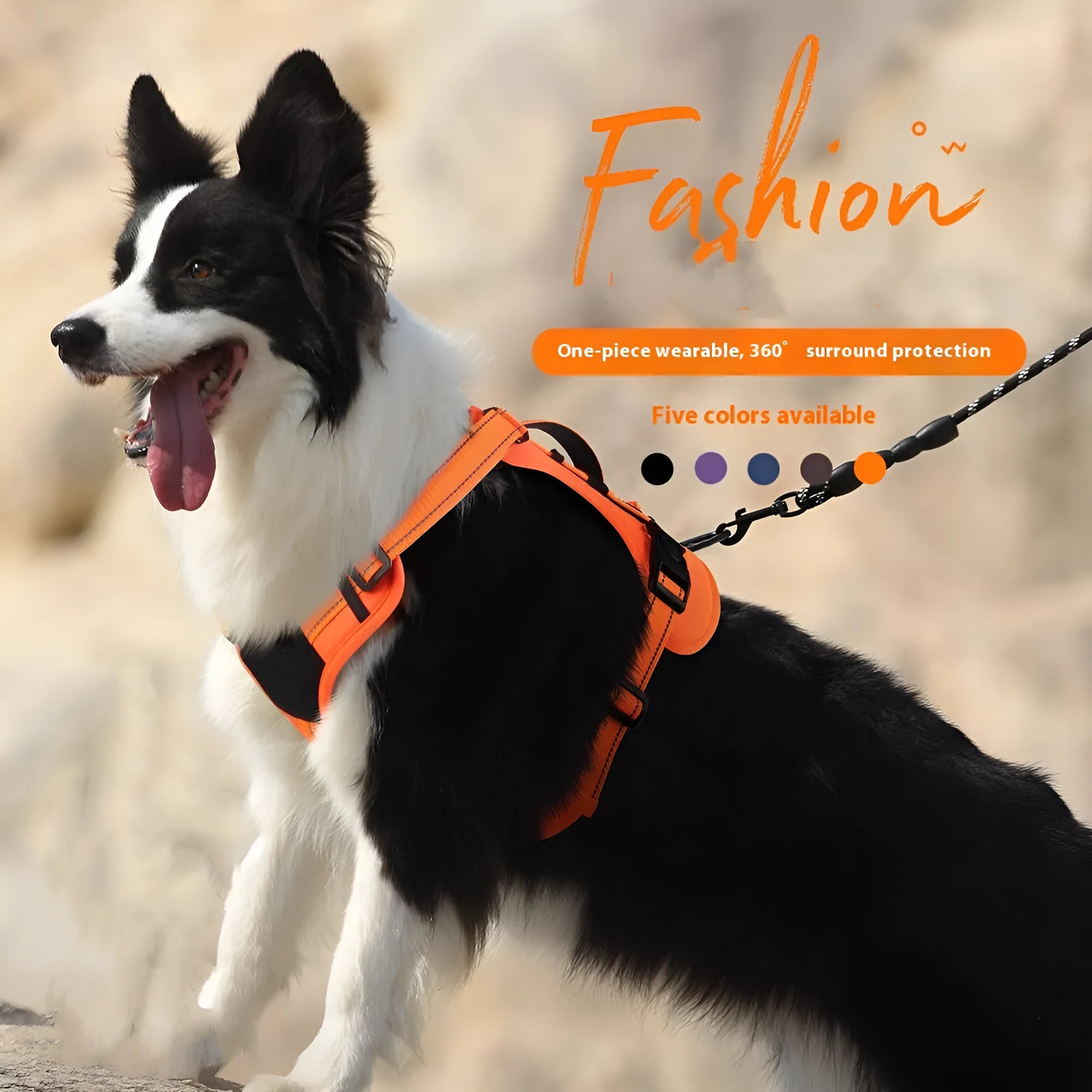 Orange reflective dog harness with padded chest strap and matching black rope lead laid flat.