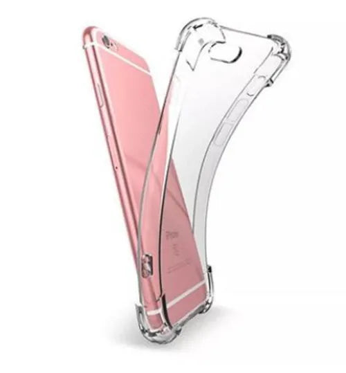 Transparent shockproof TPU mobile phone case for iPhone models on a plain background