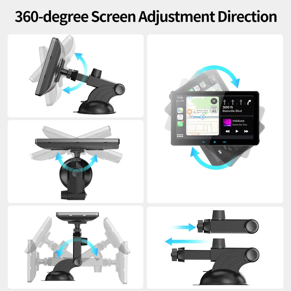 7-inch universal car wireless CarPlay display with suction cup mount on a windscreen.