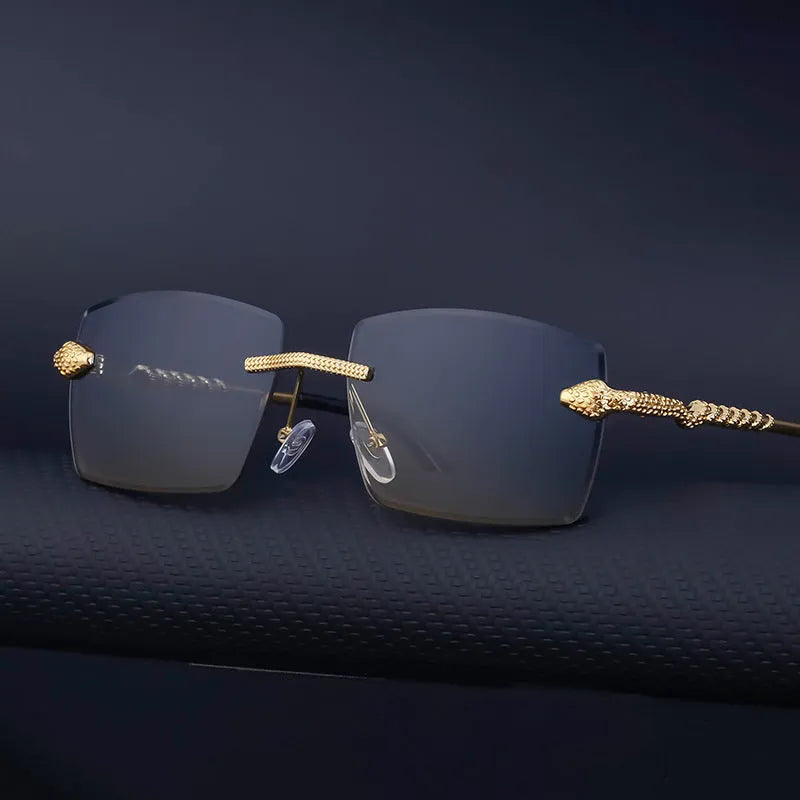 Rimless sunglasses for men with UV400 PC lenses and gold tea wood-grain arms in six colour options