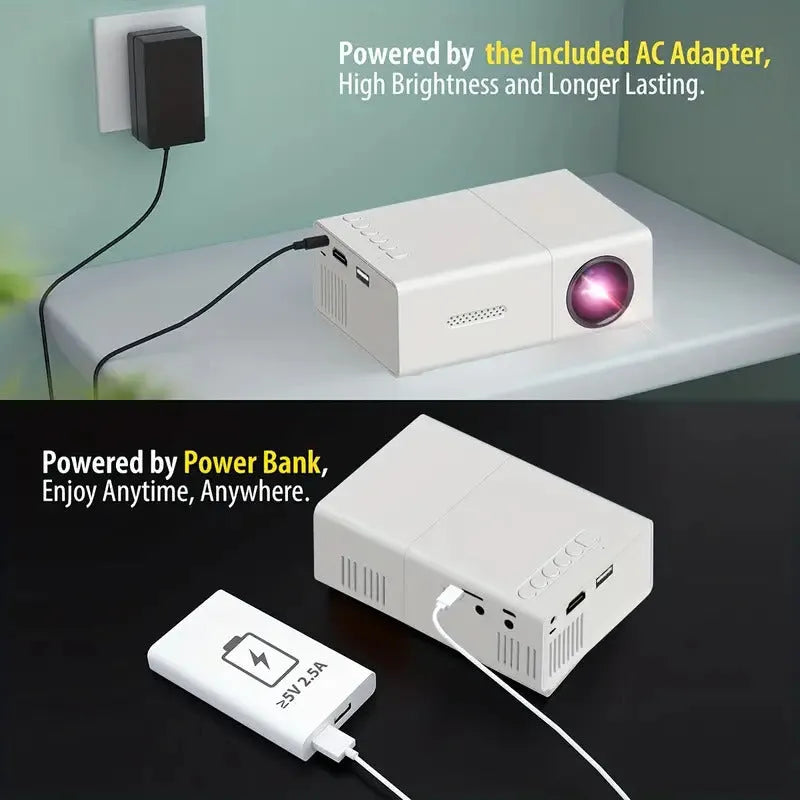 M100 mini home LED projector in black colour showing remote control and power cables
