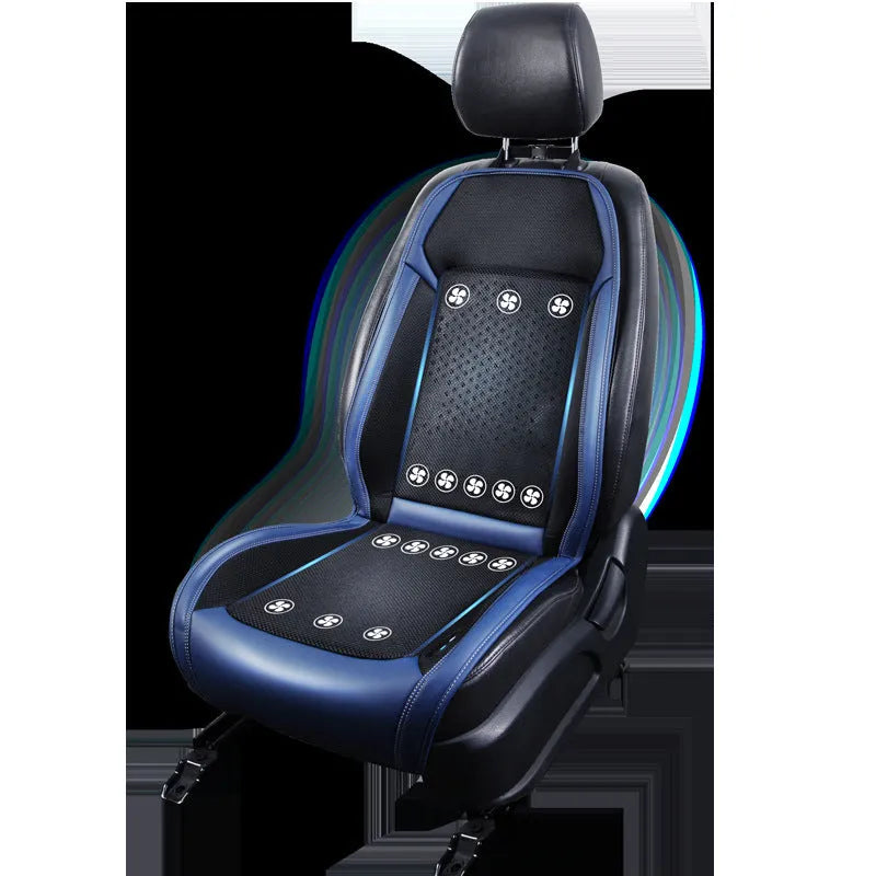 Black car seat cooling pad with minimalist design and USB power cable for 12V/24V systems.