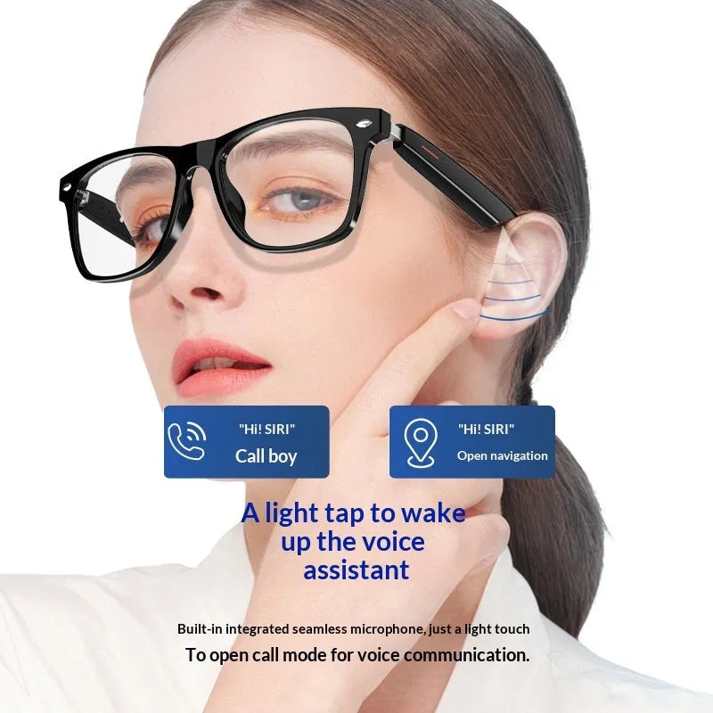 White transparent Bluetooth blue light blocking glasses with touch controls and PC frame