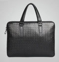 Men's hand-woven PU leather black briefcase bag with luggage strap and zippered pocket, horizontal square shape, 39x30x11.5 cm