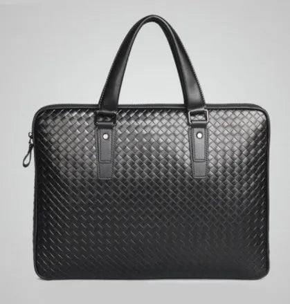 Men's hand-woven PU leather black briefcase bag with luggage strap and zippered pocket, horizontal square shape, 39x30x11.5 cm