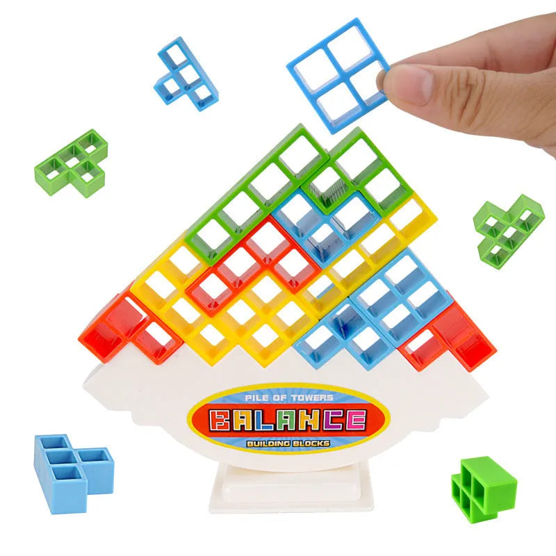 16-piece plastic balance stacking blocks with chassis and base on a table