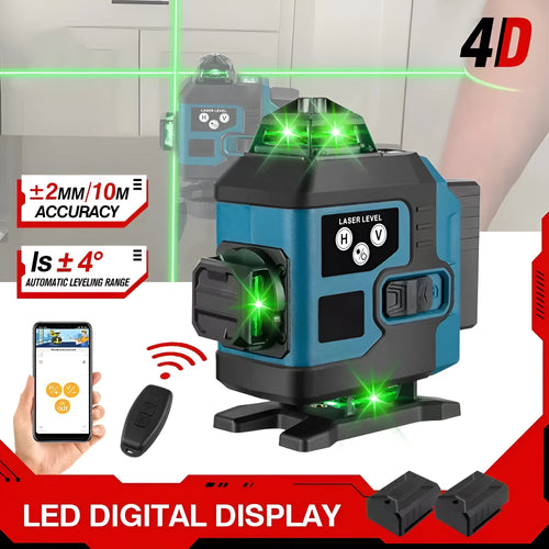 16-line infrared laser level with ABS housing and dual power supply, placed on a floor surface projecting laser lines