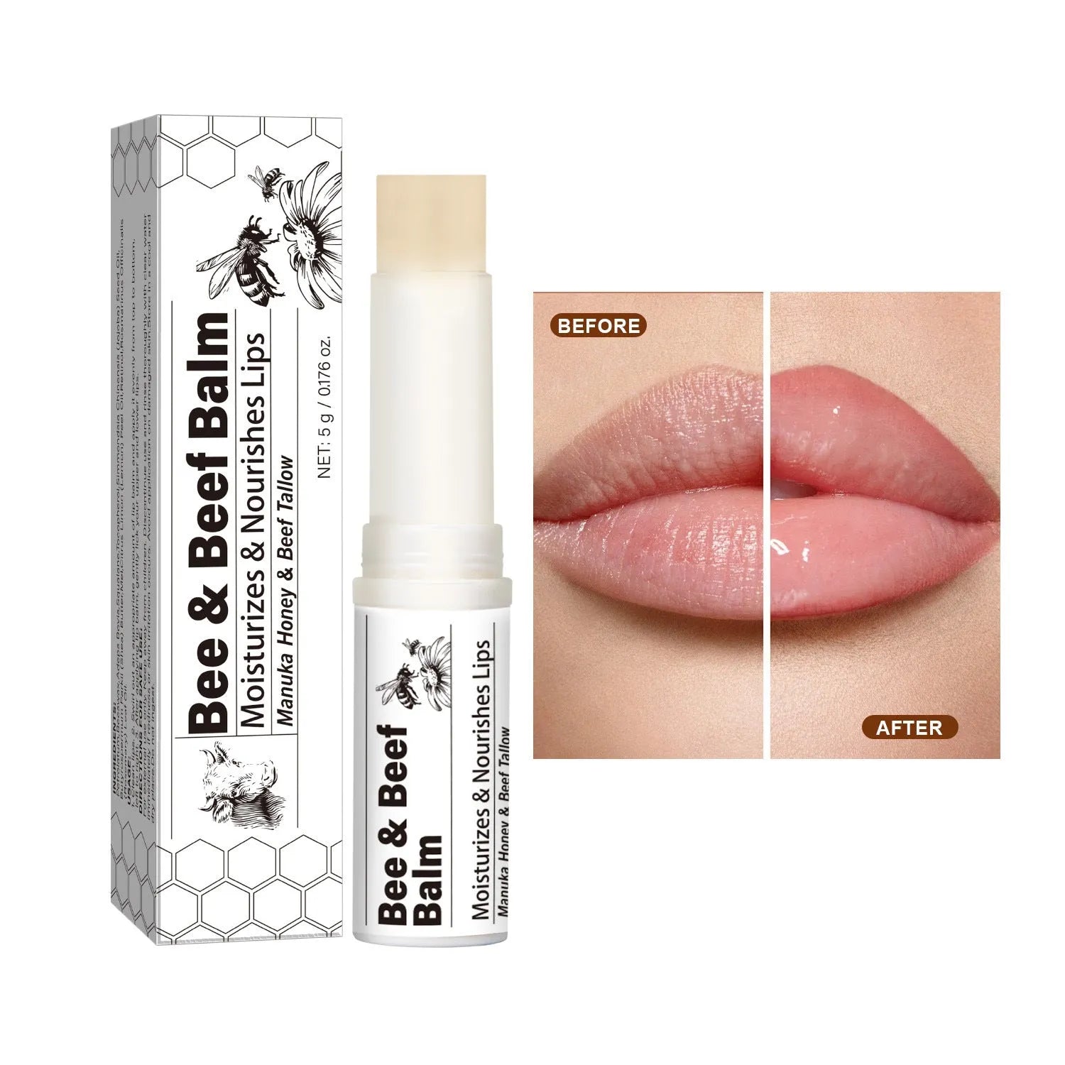 Organic grass-fed butter lip balm in 83mm tall tube with 5g content