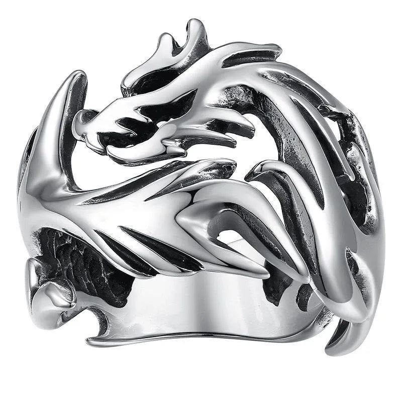 Adjustable Chinese dragon pattern ring in antique silver blue and green electroplated metal
