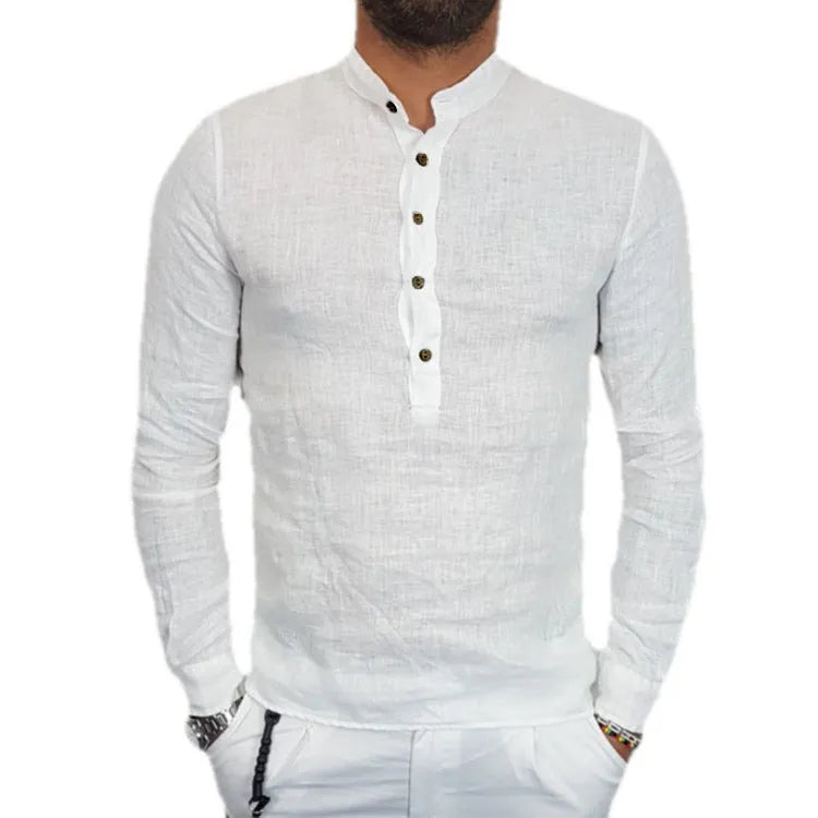 Men's loose fit casual long sleeve shirt in black and beige, hemp cotton blend, sizes S-4XL
