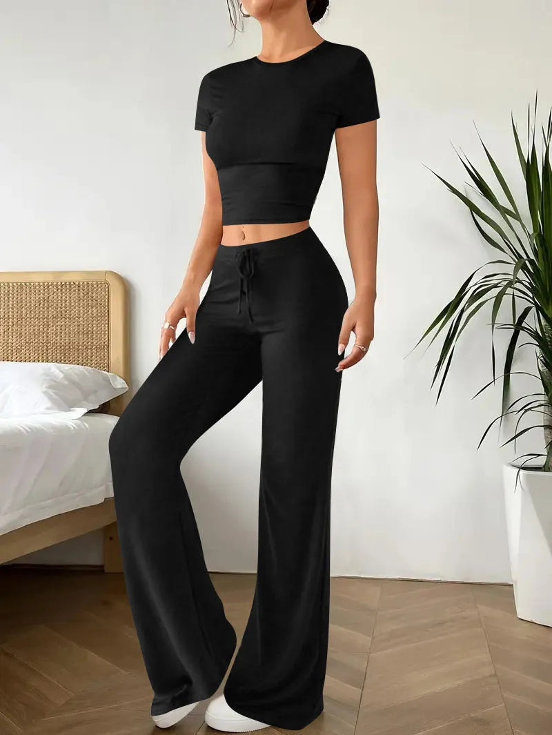Women's black high waist trousers and short sleeve top polyester suit set