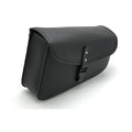 Black PU leather motorcycle swingarm bag mounted on a Harley Sportster side.