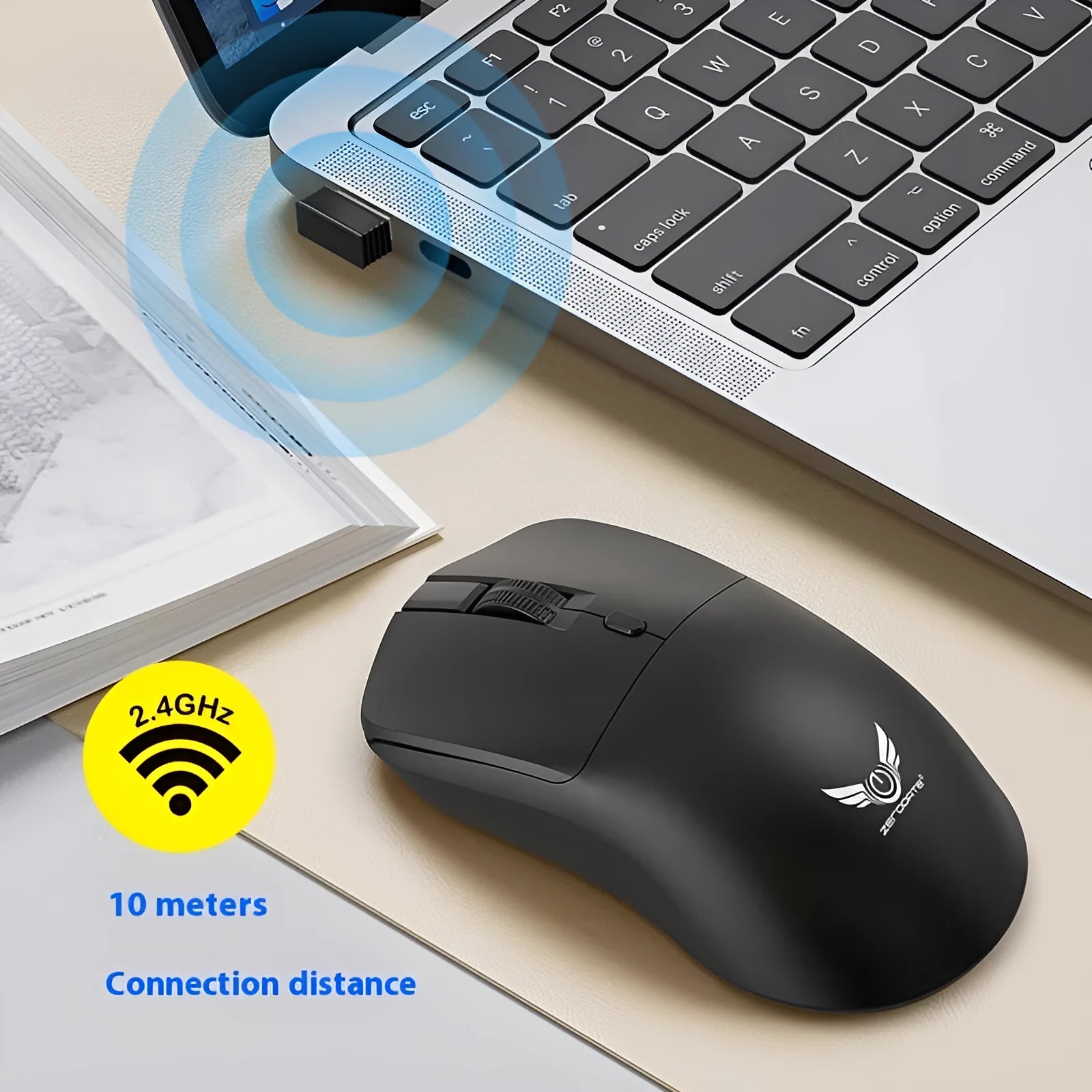 Black wireless computer mouse with three audio control buttons on side