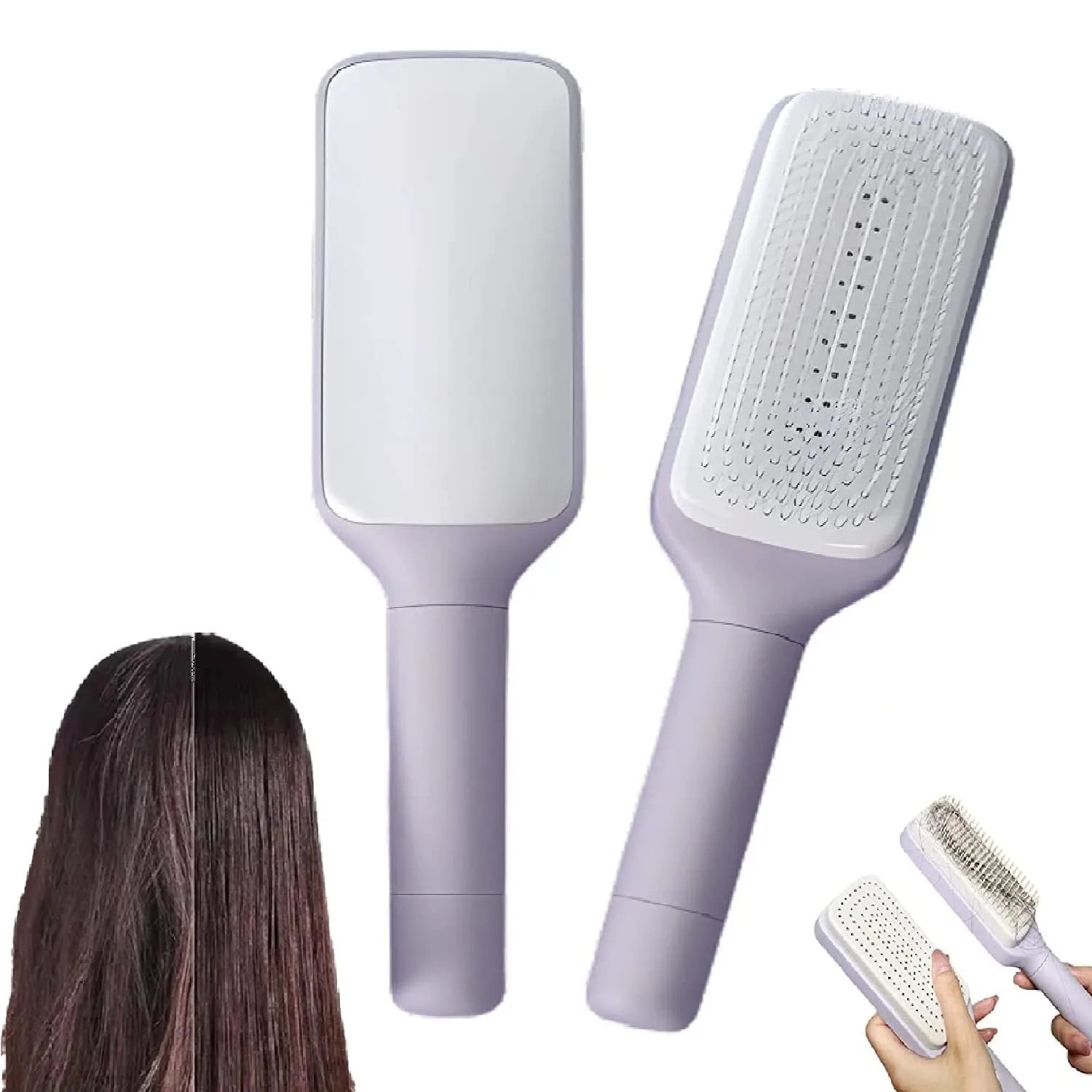 Purple and grey self-cleaning hair brushes with rotating handles and anti-static teeth.