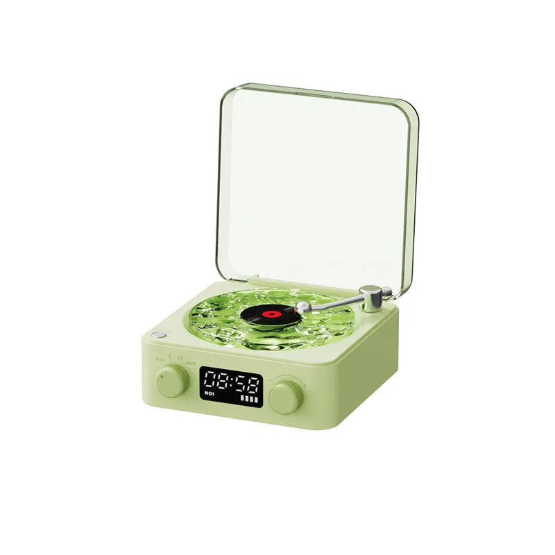 Retro Bluetooth speaker with rotating transparent turntable and RGB lighting projection