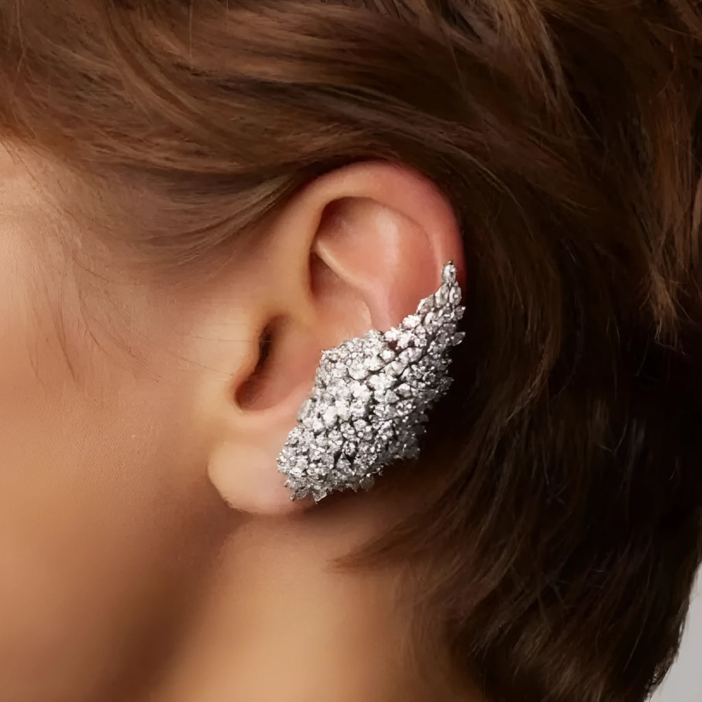 Silver non-piercing ear clip with inlaid zircon and geometric chamfering square pattern, unisex fashion jewellery