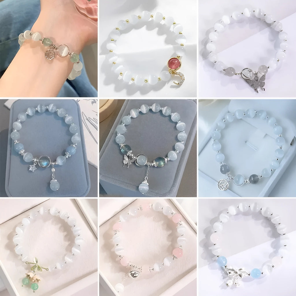 Close-up of a women's opal beaded bracelet with diamond-shaped cat's eye stones on a wrist.
