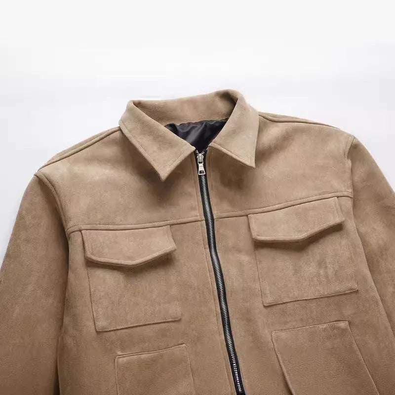 Thickened zip-front men's jacket in camel colour with large pockets and slim fit.