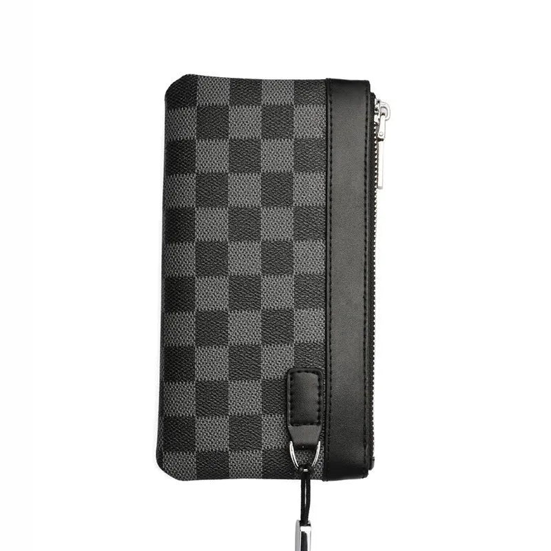 Black genuine cowhide leather men's clutch wallet showing its 20x10 cm size.