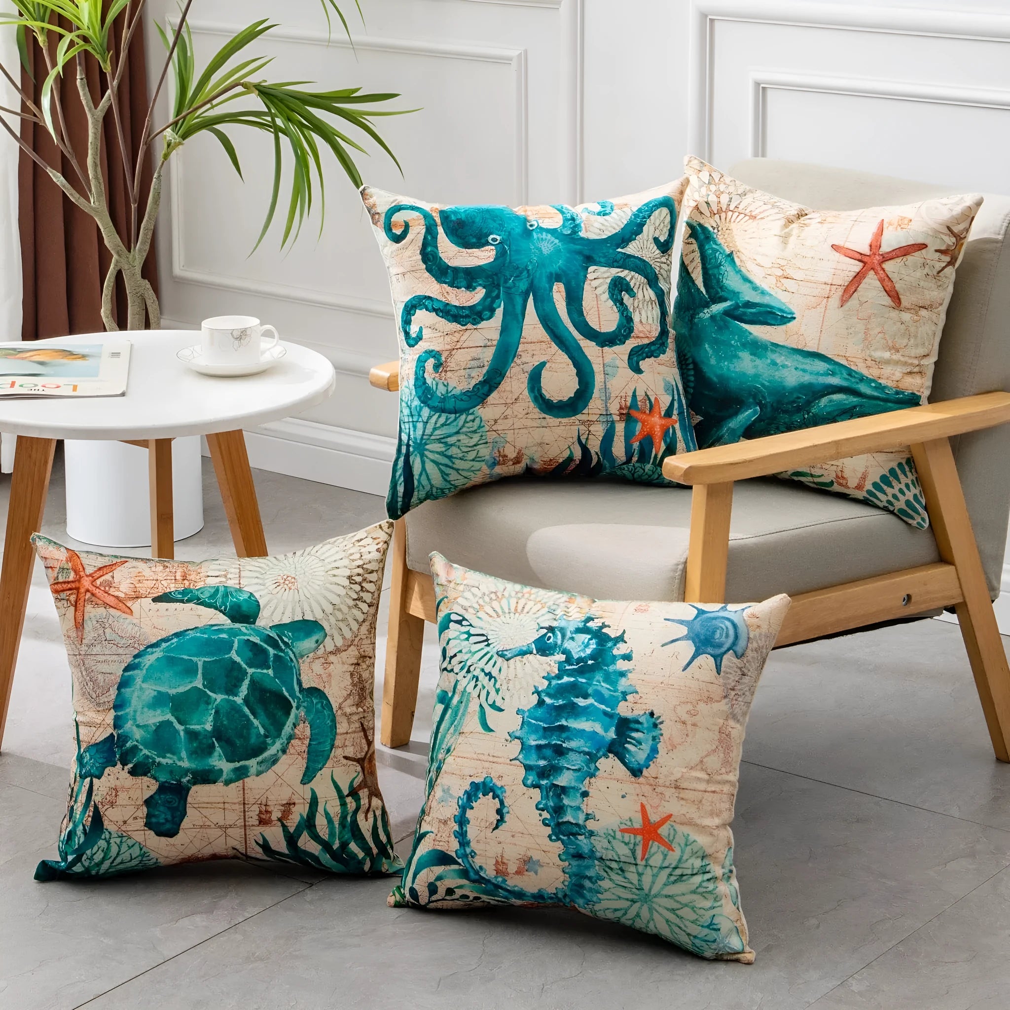 Square linen cushion cover with blue sea turtle print, showing invisible zipper closure.