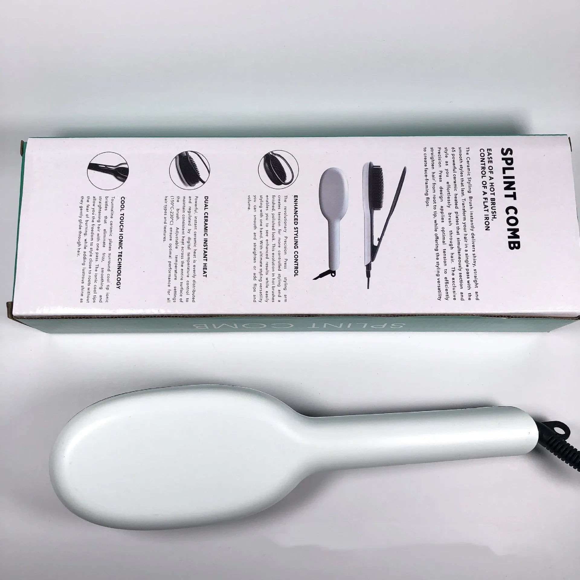 Explosive Style hair styler comb with tourmaline ceramic barrel, 10 heat settings, black and white finish