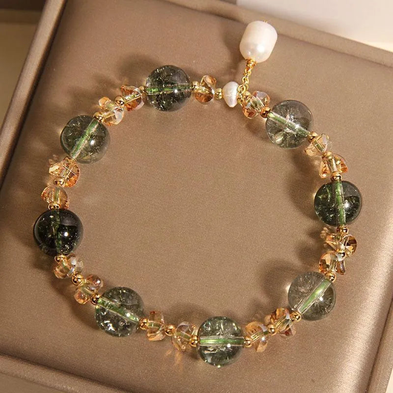 Women's natural chorite crystal bracelet with green phantom quartz beads in Japanese Korean minimalist style
