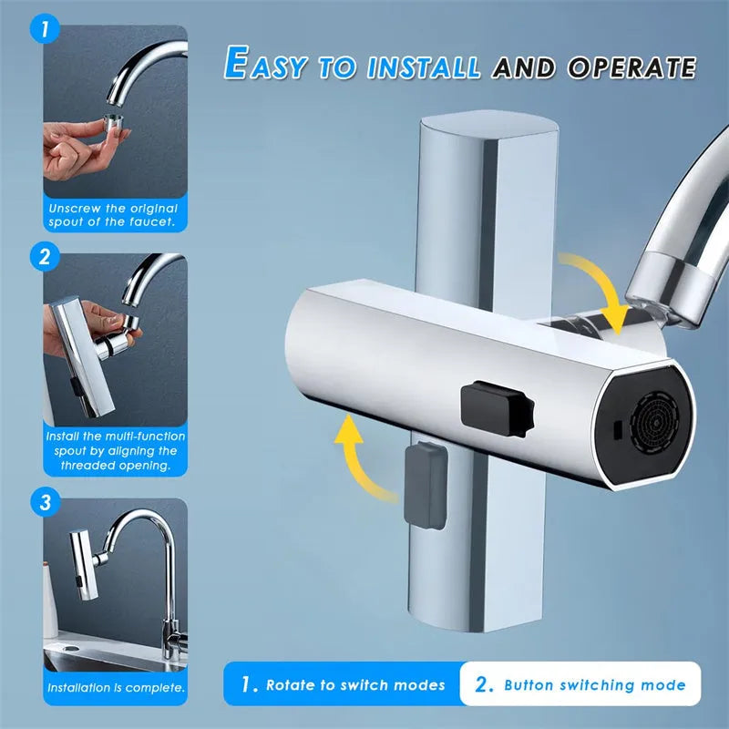 Kitchen faucet nozzle extension with rotating waterfall outlet in black or silver finish