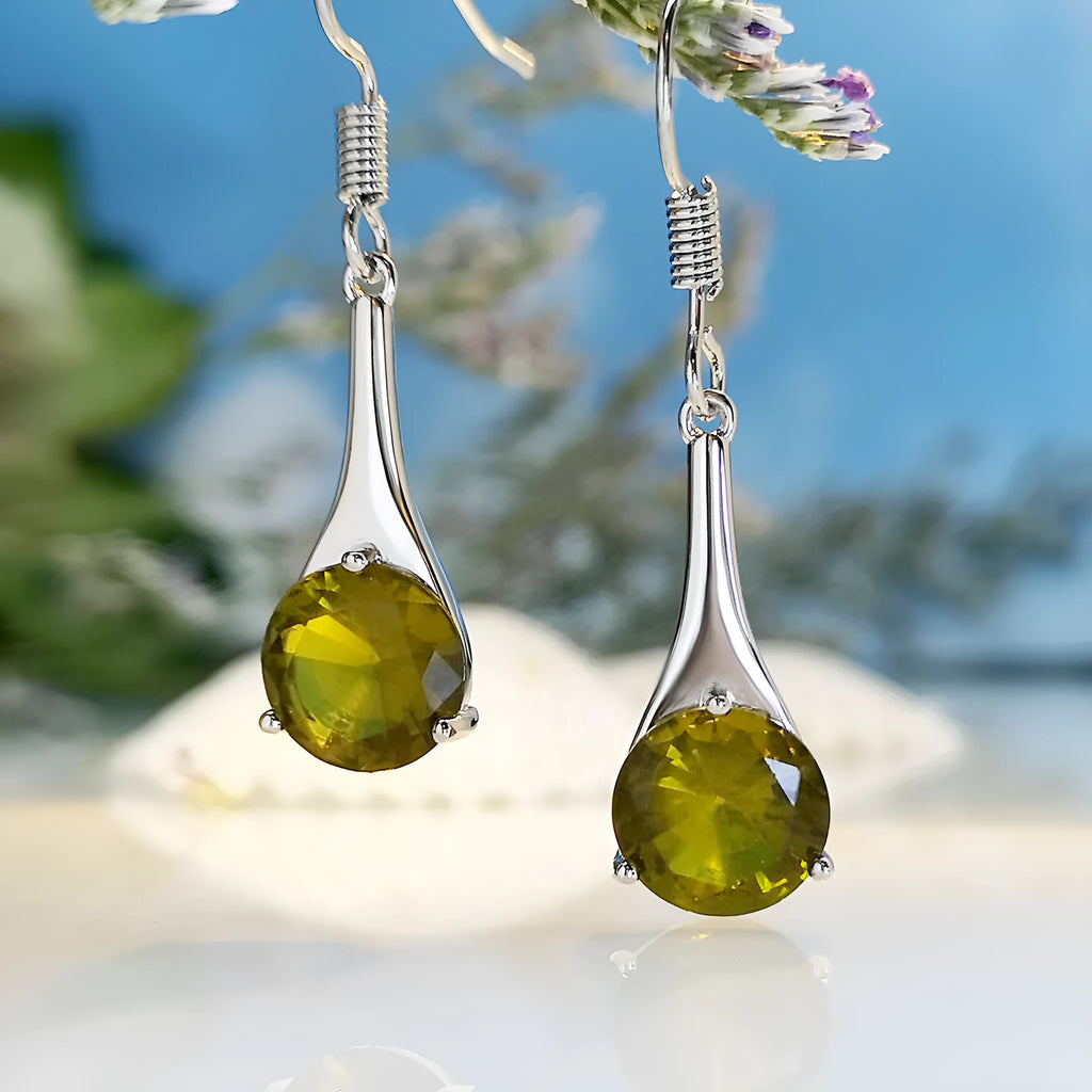 Women's olive green topaz earrings with water drop shape and retro minimalist design