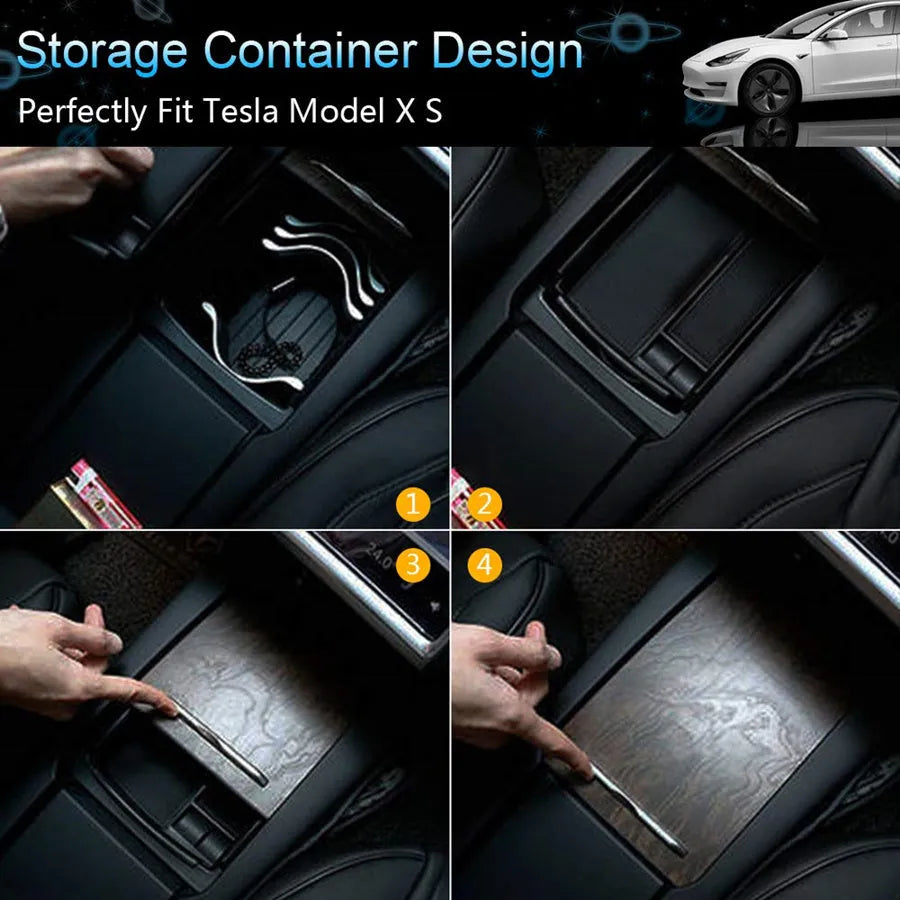 Black rectangular wireless charging storage box for Qi-compatible phones on a desk.