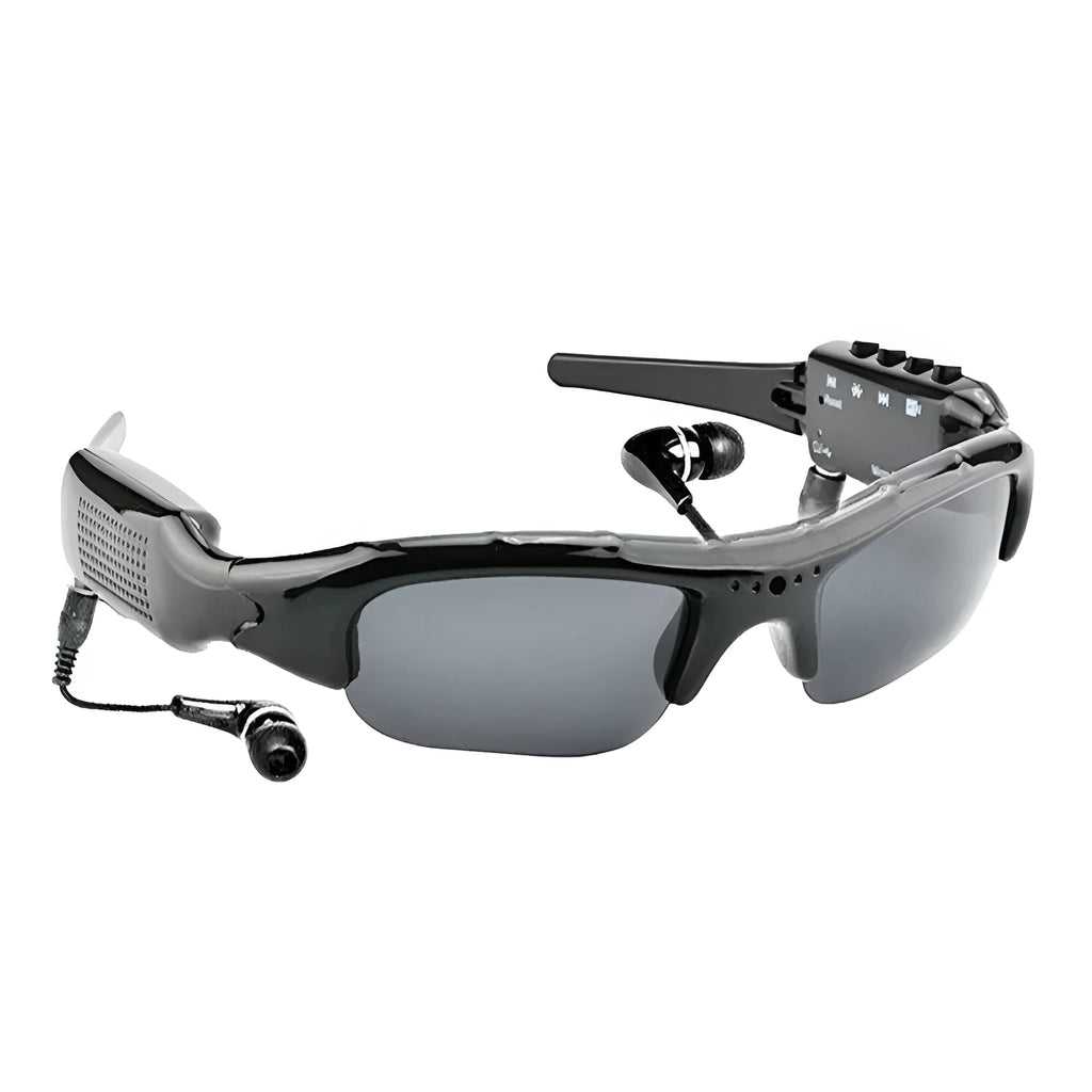 Black HD 1080P glasses camera sunglasses with polarized lens, 10x optical zoom, and 1.5 LCD screen.